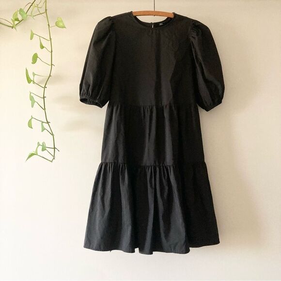 Zara Black Tiered Poplin Open Back Mini Dress XS‎ - Picture 1 of 4